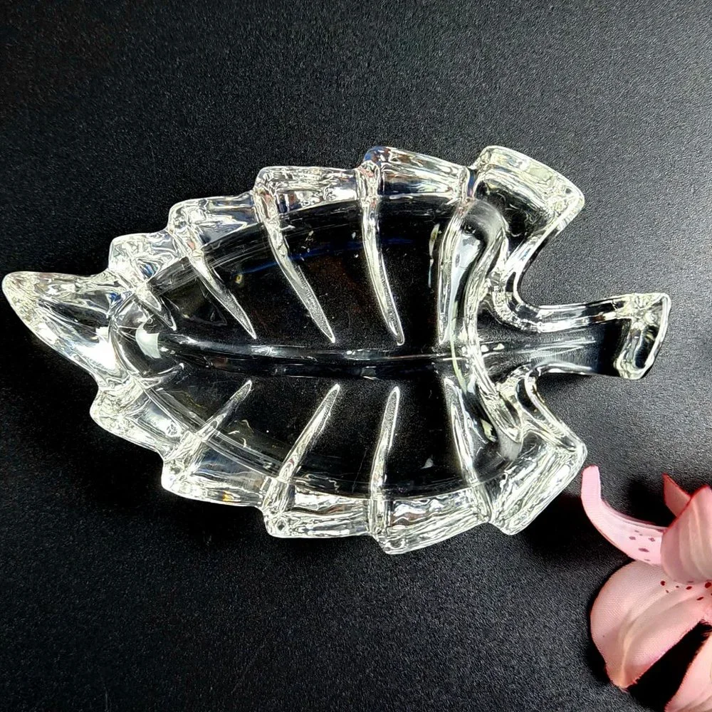 Vintage Crystal Leaf Shaped Ring Dish - 4 1/4